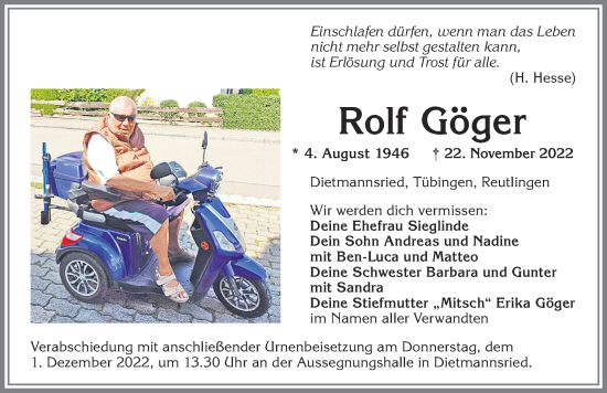 Traueranzeige von Rolf Göger von Allgäuer Zeitung,Kempten