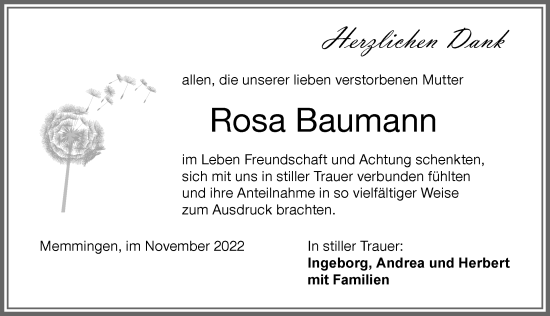 Traueranzeige von Rosa Baumann von Memminger Zeitung