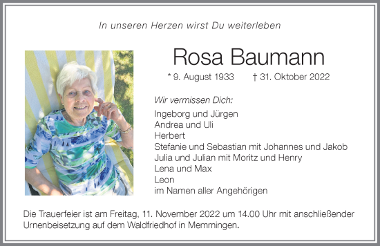 Traueranzeige von Rosa Baumann von Memminger Zeitung