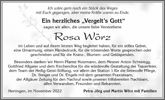 Traueranzeige von Rosa Wörz von Allgäuer Zeitung, Füssen