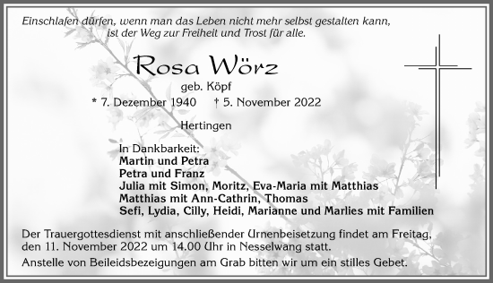 Traueranzeige von Rosa Wörz von Allgäuer Zeitung, Füssen
