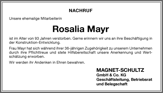 Traueranzeige von Rosalia Mayr von Memminger Zeitung