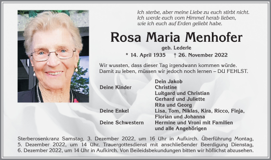 Traueranzeige von Rosa Maria Menhofer von Allgäuer Zeitung, Kaufbeuren/Buchloe