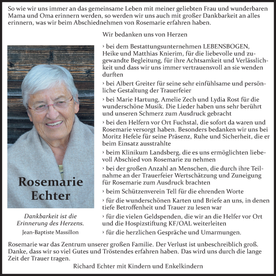 Traueranzeige von Rosemarie Echter von Allgäuer Zeitung, Kaufbeuren/Buchloe