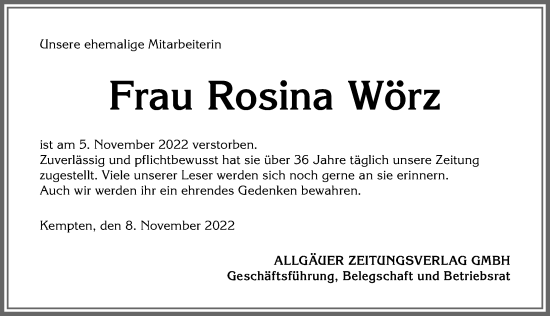 Traueranzeige von Rosina Wörz von Allgäuer Zeitung, Füssen