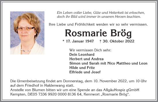 Traueranzeige von Rosmarie Brög von Allgäuer Zeitung,Kempten