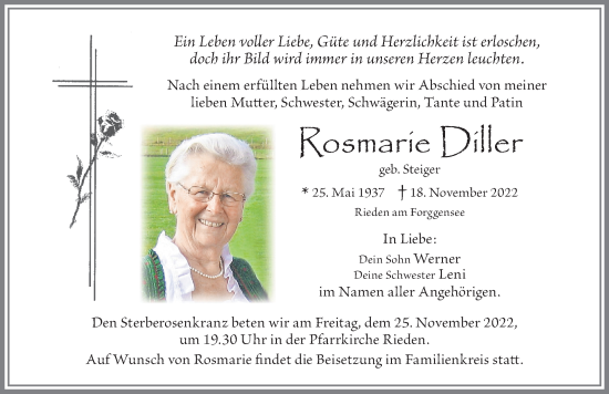 Traueranzeige von Rosmarie Diller von Allgäuer Zeitung, Füssen