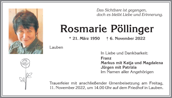 Traueranzeige von Rosmarie Pöllinger von Allgäuer Zeitung,Kempten