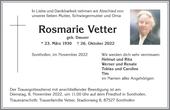 Traueranzeige von Rosmarie Vetter von Allgäuer Anzeigeblatt