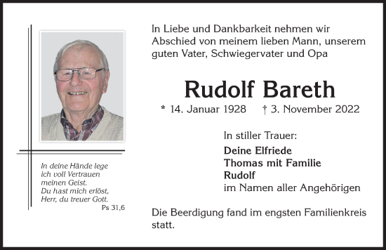 Traueranzeige von Rudolf Bareth von Memminger Zeitung
