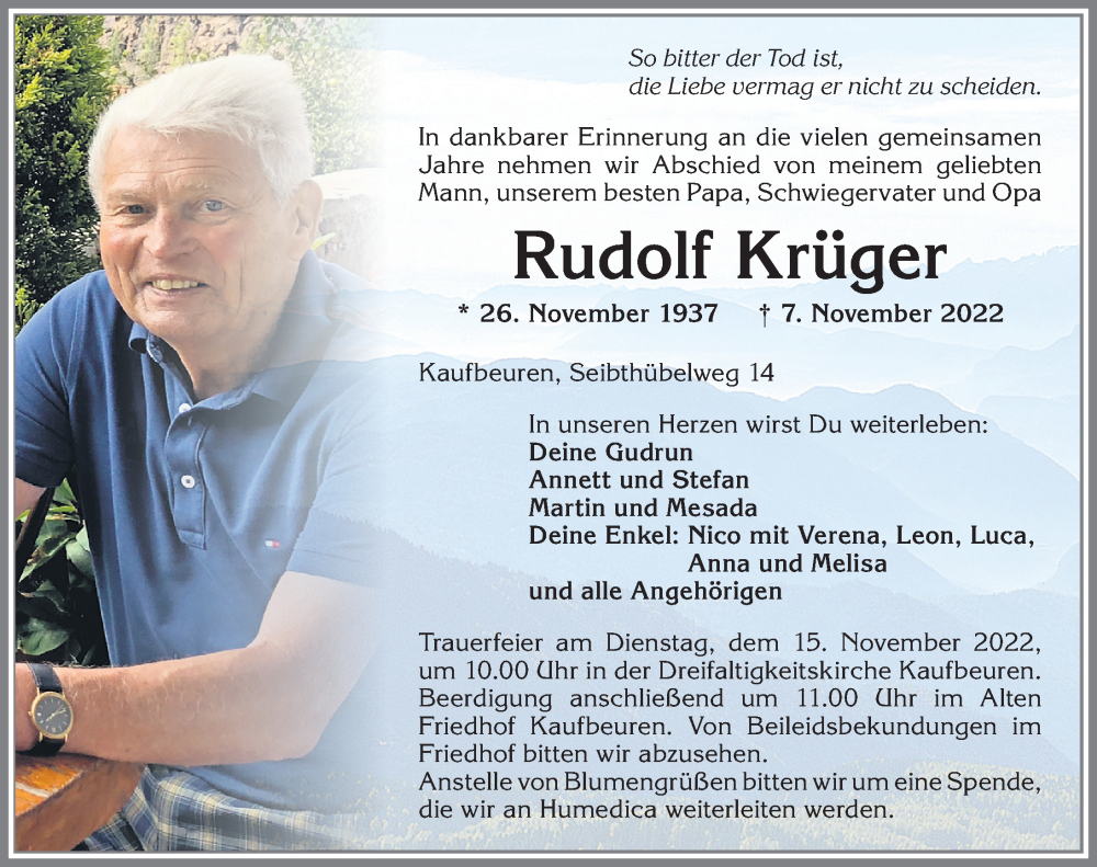  Traueranzeige für Rudolf Krüger vom 12.11.2022 aus Allgäuer Zeitung, Kaufbeuren/Buchloe