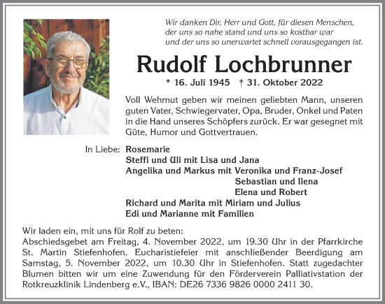 Traueranzeige von Rudolf Lochbrunner von Der Westallgäuer