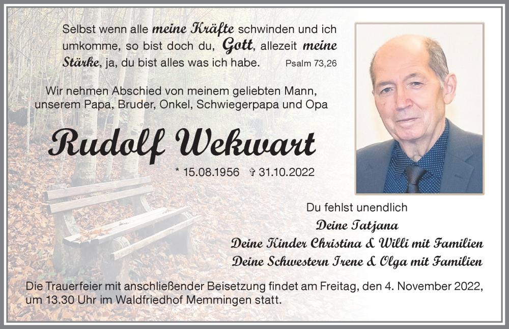 Traueranzeige für Rudolf Wekwart vom 03.11.2022 aus Memminger Zeitung