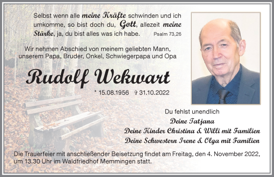 Traueranzeige von Rudolf Wekwart von Memminger Zeitung