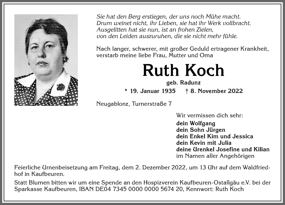  Traueranzeige für Ruth Koch vom 26.11.2022 aus Allgäuer Zeitung, Kaufbeuren/Buchloe