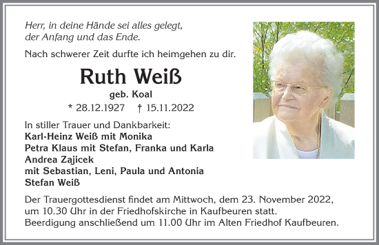 Traueranzeige von Ruth Weiß von Allgäuer Zeitung, Kaufbeuren/Buchloe