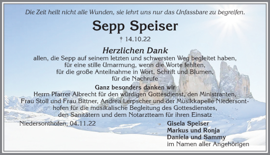 Traueranzeige von Sepp Speiser von Allgäuer Anzeigeblatt