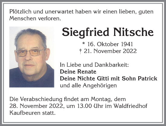 Traueranzeige von Siegfried Nitsche von Allgäuer Zeitung, Kaufbeuren/Buchloe
