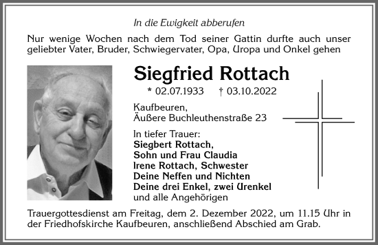 Traueranzeige von Siegfried Rottach von Allgäuer Zeitung, Kaufbeuren/Buchloe