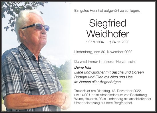 Traueranzeige von Siegfried Weidhofer von Der Westallgäuer