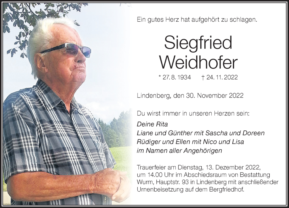  Traueranzeige für Siegfried Weidhofer vom 30.11.2022 aus Der Westallgäuer