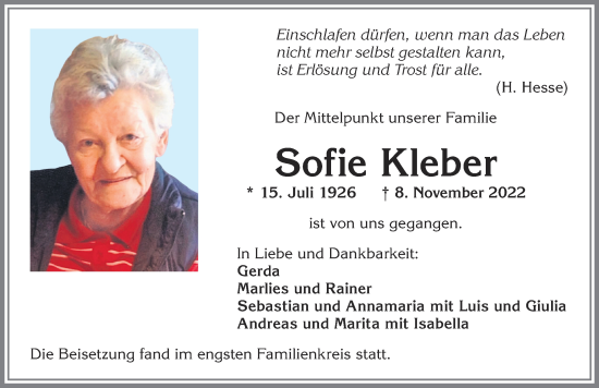 Traueranzeige von Sofie Kleber von Allgäuer Zeitung,Kempten