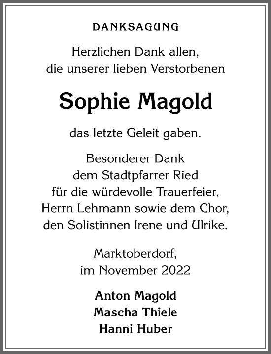 Traueranzeige von Sophie Magold von Allgäuer Zeitung, Marktoberdorf