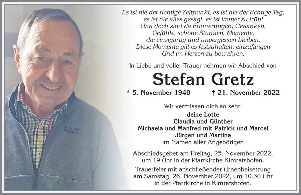  Traueranzeige für Stefan Gretz vom 25.11.2022 aus Allgäuer Zeitung,Kempten