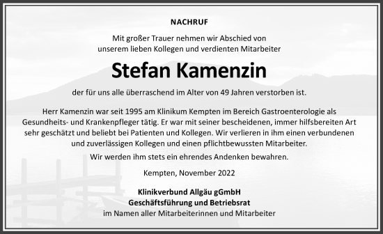 Traueranzeige von Stefan Kamenzin von Allgäuer Zeitung,Kempten