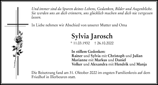 Traueranzeige von Sylvia Jarosch von Memminger Zeitung