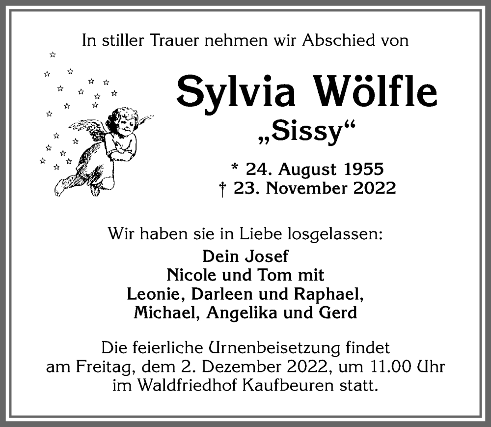  Traueranzeige für Sylvia Wölfle vom 26.11.2022 aus Allgäuer Zeitung, Kaufbeuren/Buchloe