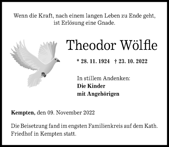 Traueranzeige von Theodor Wölfle von Allgäuer Zeitung,Kempten