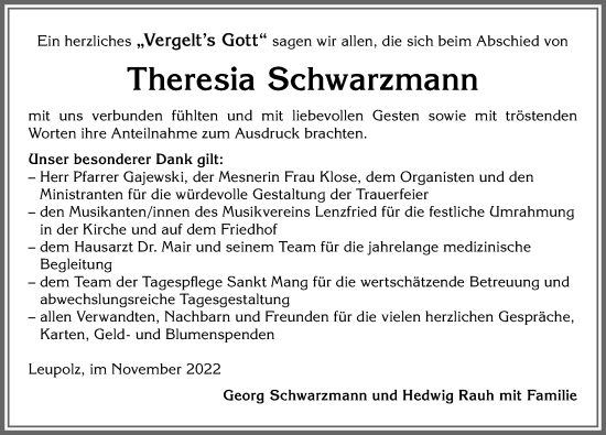 Traueranzeige von Theresia Schwarzmann von Allgäuer Zeitung,Kempten