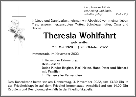 Traueranzeige von Theresia Wohlfahrt von Allgäuer Anzeigeblatt