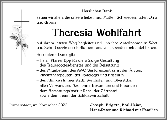 Traueranzeige von Theresia Wohlfahrt von Allgäuer Anzeigeblatt