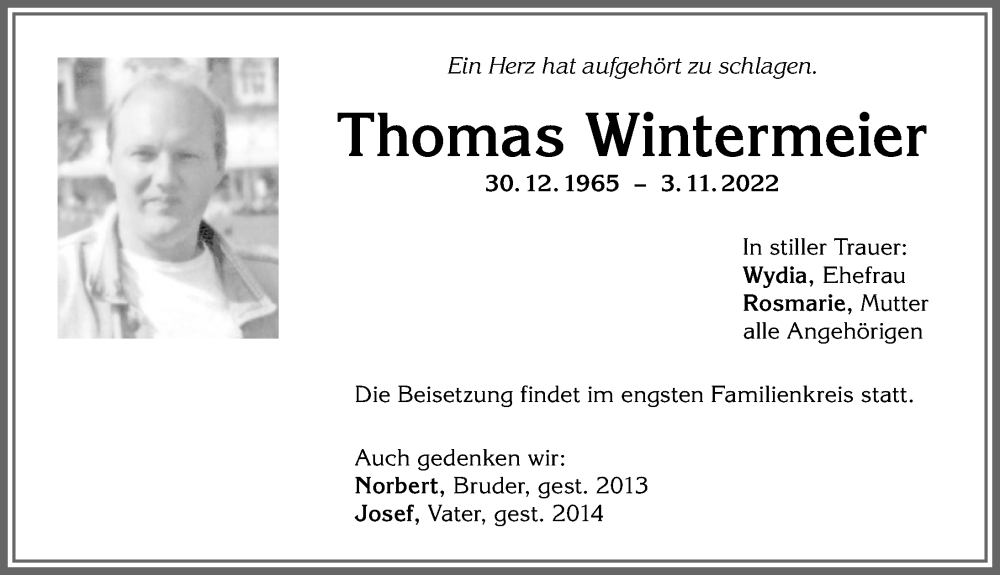  Traueranzeige für Thomas Wintermeier vom 12.11.2022 aus Allgäuer Anzeigeblatt