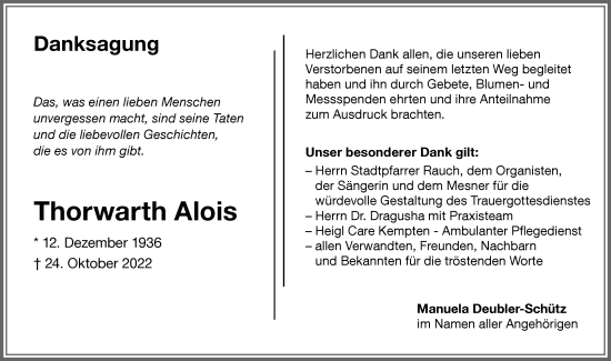 Traueranzeige von Thorwarth Alois von Allgäuer Zeitung,Kempten