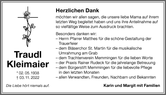 Traueranzeige von Traudl Kleimaier von Memminger Zeitung