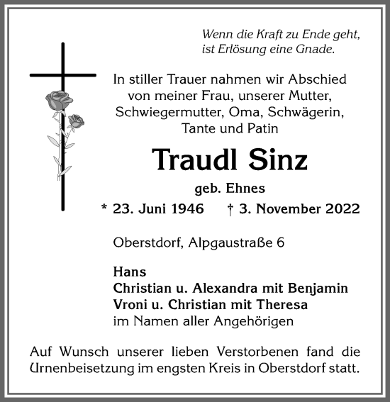 Traueranzeige von Traudl Sinz von Allgäuer Anzeigeblatt