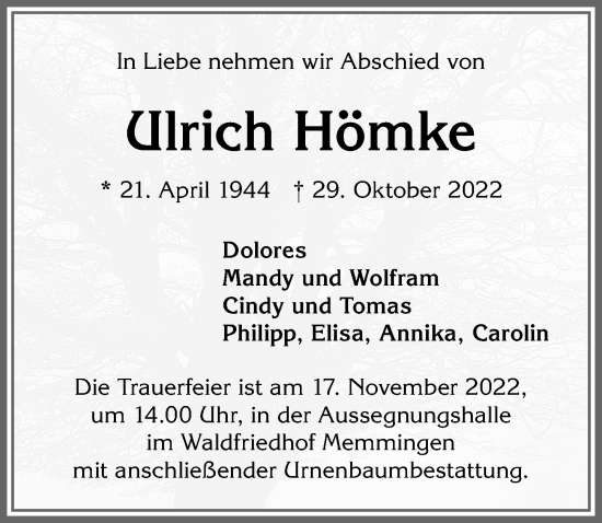 Traueranzeige von Ulrich Hömke von Memminger Zeitung