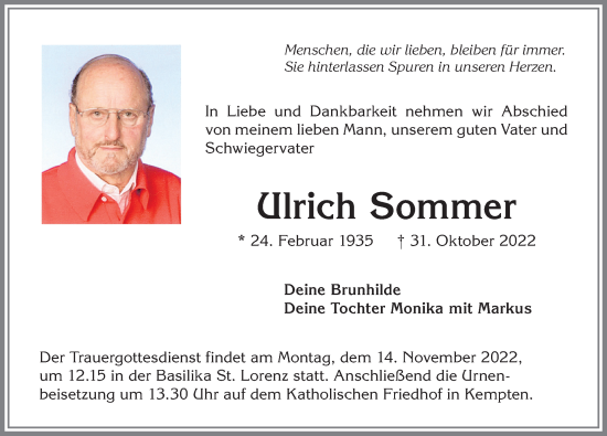 Traueranzeige von Ulrich Sommer von Allgäuer Zeitung,Kempten