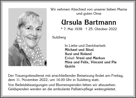 Traueranzeige von Ursula Bartmann von Allgäuer Zeitung,Kempten