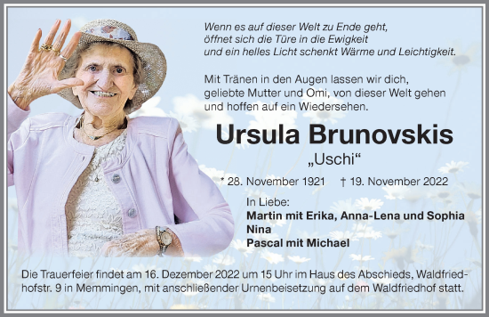 Traueranzeige von Ursula Brunovskis von Memminger Zeitung