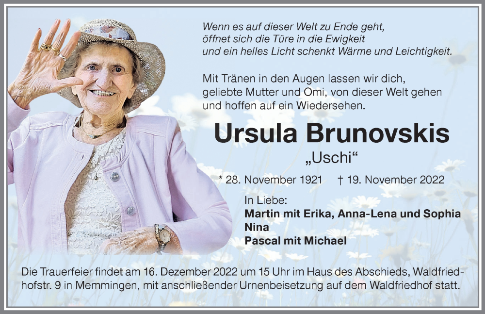  Traueranzeige für Ursula Brunovskis vom 25.11.2022 aus Memminger Zeitung