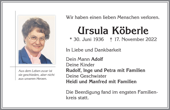 Traueranzeige von Ursula Köberle von Allgäuer Zeitung,Kempten