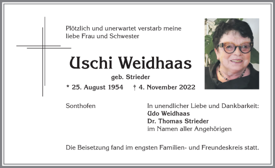 Traueranzeige von Uschi Weidhaas von Allgäuer Anzeigeblatt