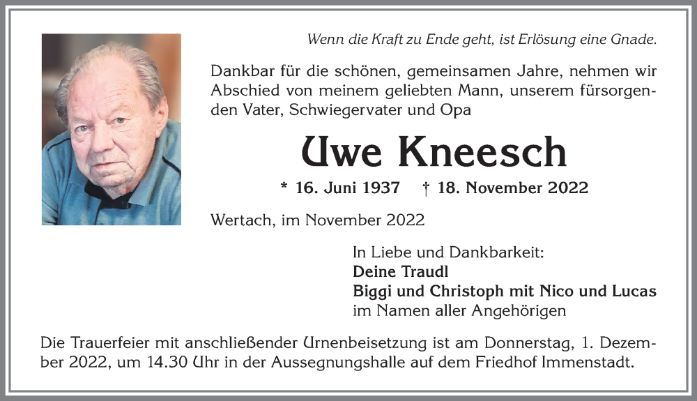  Traueranzeige für Uwe Kneesch vom 26.11.2022 aus Allgäuer Anzeigeblatt