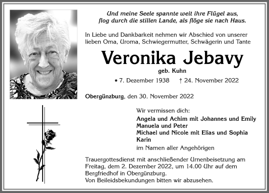 Traueranzeige von Veronika Jebavy von Allgäuer Zeitung, Marktoberdorf