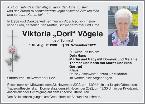 Traueranzeige von Viktoria Vögele von Memminger Zeitung