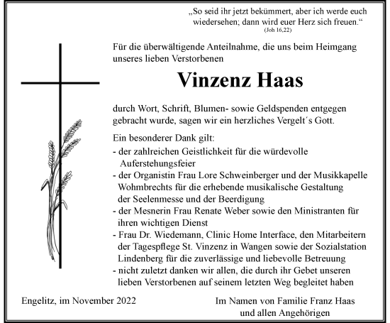 Traueranzeige von Vinzenz Haas von Der Westallgäuer